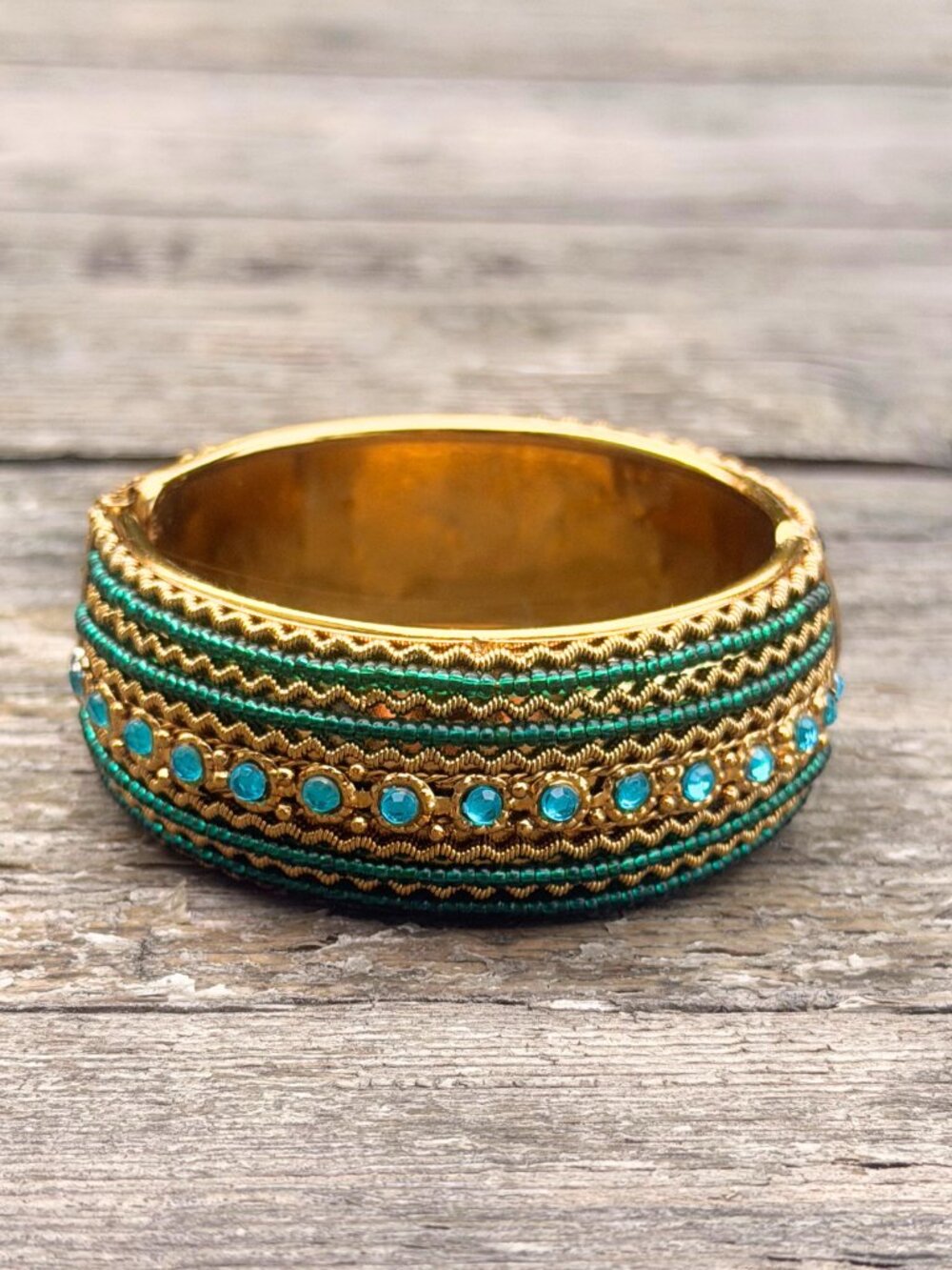 Vintage Turquoise Rhinestone Green Seed Beaded Hinged Bangle Cuff Bracelet Gold